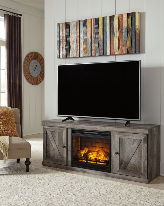 Wynnlow - Gray - TV Stand With Faux Firebrick Fireplace Insert Wynnlow - Gray - TV Stand With Faux Firebrick Fireplace Insert