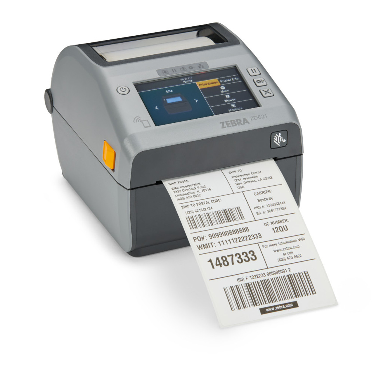 ZD621 Direct Thermal 4" Width Printer; Color Touch LCD, 203 dpi, USB, USB  Host, Ethernet, Serial, 802.11ac, BT4, USA/Canada, Dispenser (Peeler), US  Cord, Swiss Font, EZPL- ZD6A142-D11L01EZ