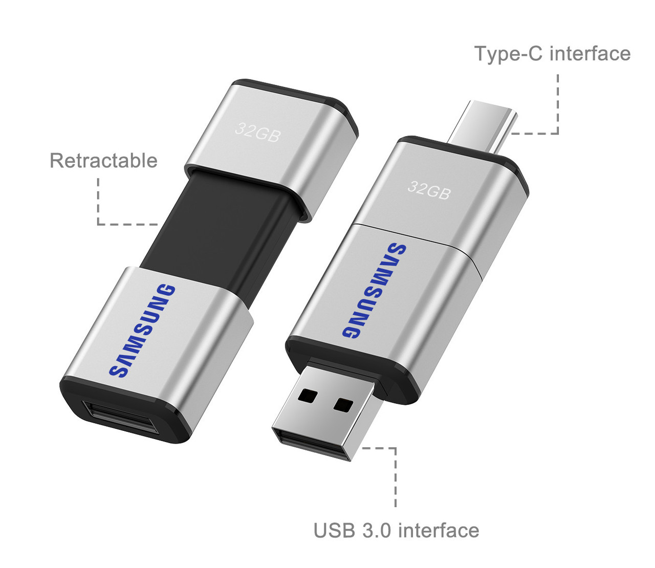 Custom Printed USB Flash Drive Retractable Style USB-A and USB-C connector