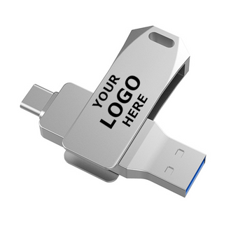 USB Flash Drive OTG-122 Custom Printed with Your Logo - Dual USB 3.0 (USB-A/USB-C) Connectors - Silver with Logo