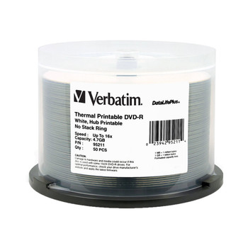 Verbatim 95211 DVD-R 4.7GB 1x/16x DataLifePlus White Thermal Print Hub Printable - Increments of 50