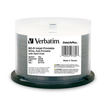 Verbatim Blu-Ray BD-R 25GB 6X DataLifePlus White InkjetHub Printable Disc -97339 Spindle