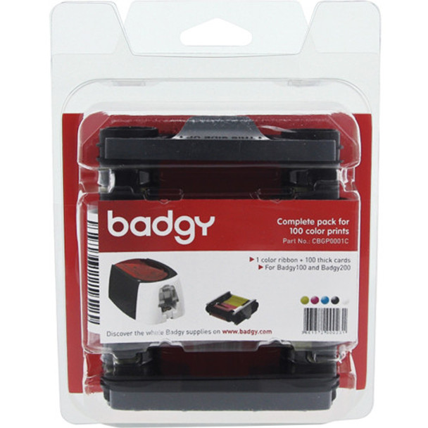Evolis Badgy CBGP0001C Consumables Kit - YMCKO Ribbon & 30 mil Cards - 100 prints