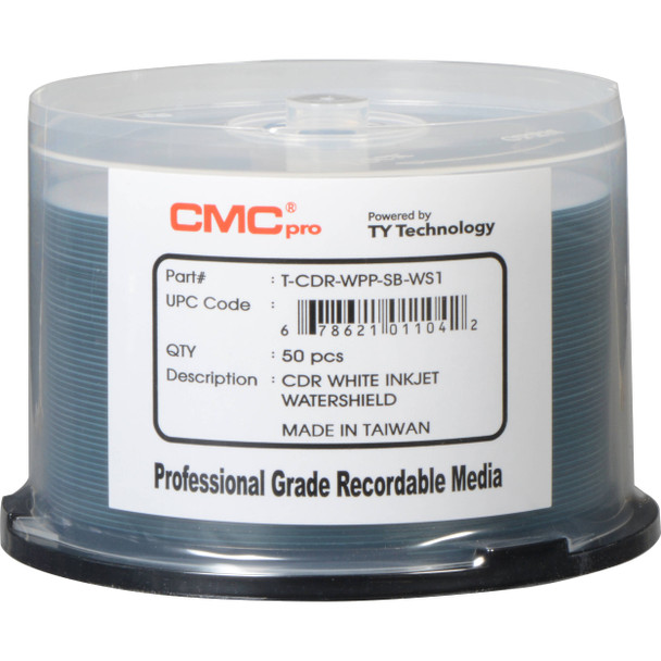 CMC Pro CD-R Glossy White Inkjet Printable, WaterShield, 80 Minute/700mb, 52X - Increments of 50 T-CDR-WPP-SB-WS1