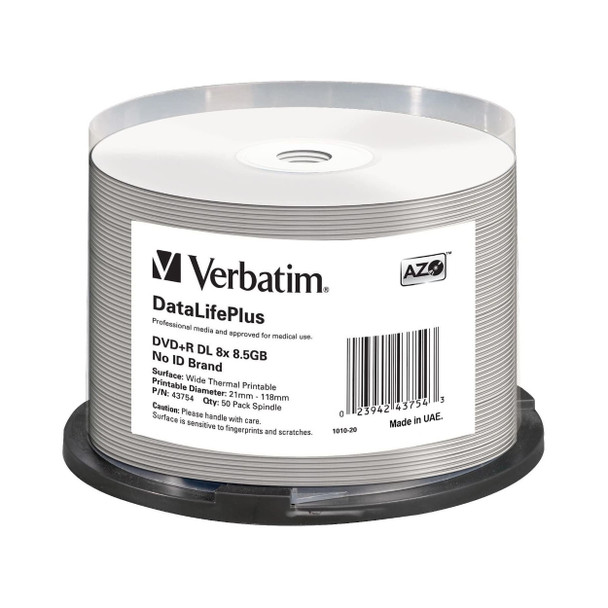 Verbatim 43754 DVD+R DL Disc 8.5GB 8x White Thermal Everest Hub Printable 50 Disc Spindle