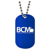 Custom BCM 0.8mm laser engraved dog tag. The logo is laser engraved on a blue tag with a ball chain necklace.