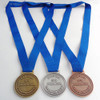 The bronze, silver and gold medals for a Manitoba Canada race. These are the standard round style race medals with a plane blue neck ribbon.