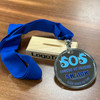 Shiny Nickel Plated Express Medal with with raised 3D UV color printing with a blue ribbon
