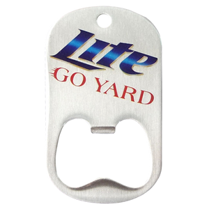 A custom middle slot dog tag bottle opener with color printed miller lite logo.