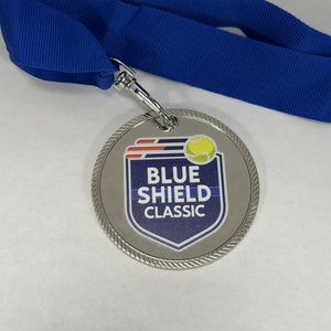 Shiny Nickel Plated 2-1/2" Express Medal with with raised 3D UV color printing with a blue ribbon