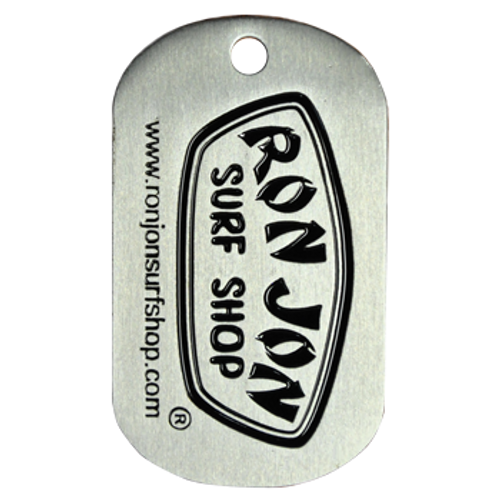 Ron Jon Stainless steel photo etched dog tag with black color fill one side.