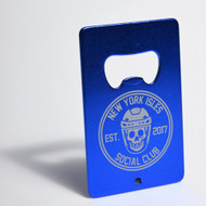 Aluminum blue credit card bottle opener with laser engraved design on the front. The design is the New York Isles Social Club Est 2017.