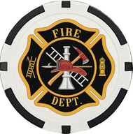 Custom single tone black poker chip. 11.5 grams with color printed fire dept logo in the middle.