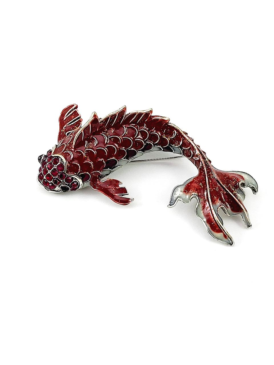 Red & Silver Enameled Koi Fish Pin with Rhinestones