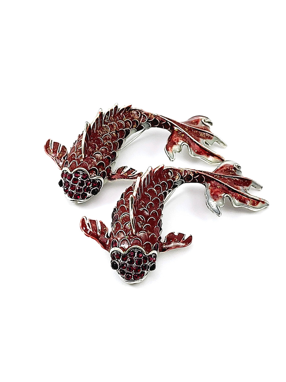Red & Silver Enameled Koi Fish Pin with Rhinestones