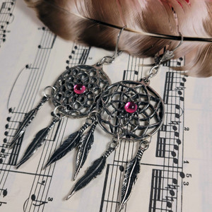 Pewter Dream Catcher Earrings: Pink Center Pewter Dream Catcher Earrings: Pink Center