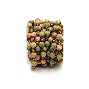 6mm Matte Unakite Rosary Chain in Red Bronze Wire- Sold by the Foot 6mm Matte Unakite Rosary Chain in Red Bronze Wire- Sold by the Foot