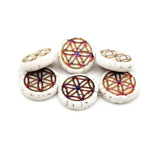 18mm White with Purple Metallic Wash Flower of Life Coin Czech Glass Bead Strand 18mm White with Purple Metallic Wash Flower of Life Coin Czech Glass Bead Strand