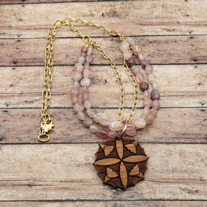 Radiant Compass Rose Necklace -Handmade Multi-Strand Necklace – Rose Quartz & Etched Wood Pendant Radiant Compass Rose Necklace -Handmade Multi-Strand Necklace – Rose Quartz & Etched Wood Pendant