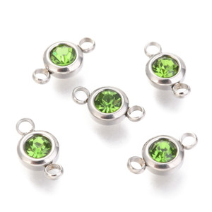 Peridot Rhinestone Connector Charms – 304 Stainless Steel, Flat Round, Pack of 10 Peridot Rhinestone Connector Charms – 304 Stainless Steel, Flat Round, Pack of 10