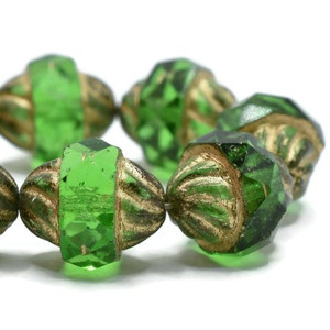 11x10mm Turbine Kelly Green with Gold Finish Czech Glass Bead Strand 11x10mm Turbine Kelly Green with Gold Finish Czech Glass Bead Strand