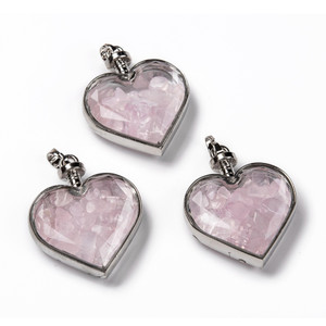 Rose Quartz Chip Glass Bottle Heart Pendant – Platinum Plated, Sold Individually