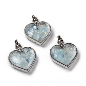 Aquamarine Chip Glass Bottle Heart Pendant – Platinum Plated, Sold Individually