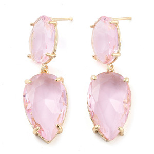 Pink Glass Teardrop Dangle Stud Earrings – Light Gold Brass, Sold by the Pair
