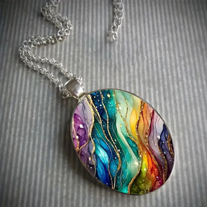 Colorful Oval Pendant Necklaces - Antique Silver