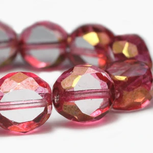 12mm Dual Faceted Round Czech Glass Beads — Medium Pink with Golden Luster