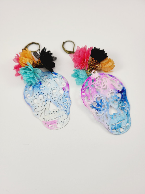 Sugar Skull Earrings Blue and Pink