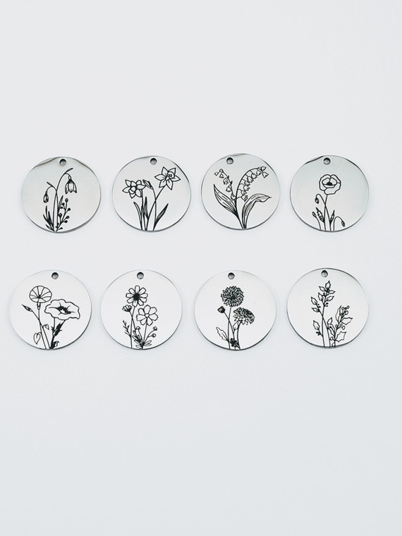 Assorted Etched Stainless Steel Monthly Birth Flower Pendants Assorted Etched Stainless Steel Monthly Birth Flower Pendants
