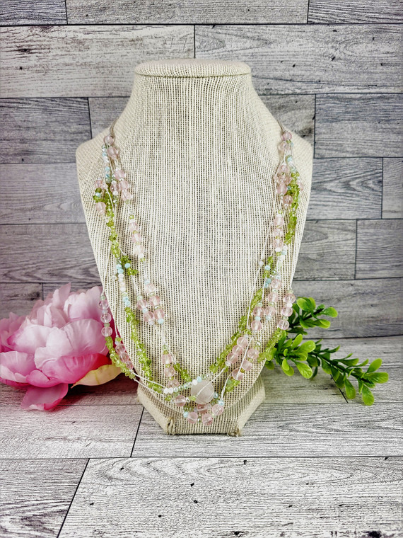 Light and Airy Spring Time Peridot and Rose Quartz Multi Strand Necklace