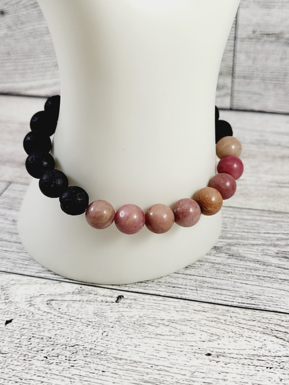 Unisex Lava Rock and Pink Rhodonite Stretch Bracelet