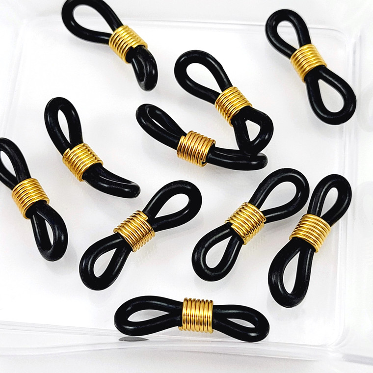 Black & Gold Adjustable Rubber End Connectors/Holders For Eyeglasses- 10pcs