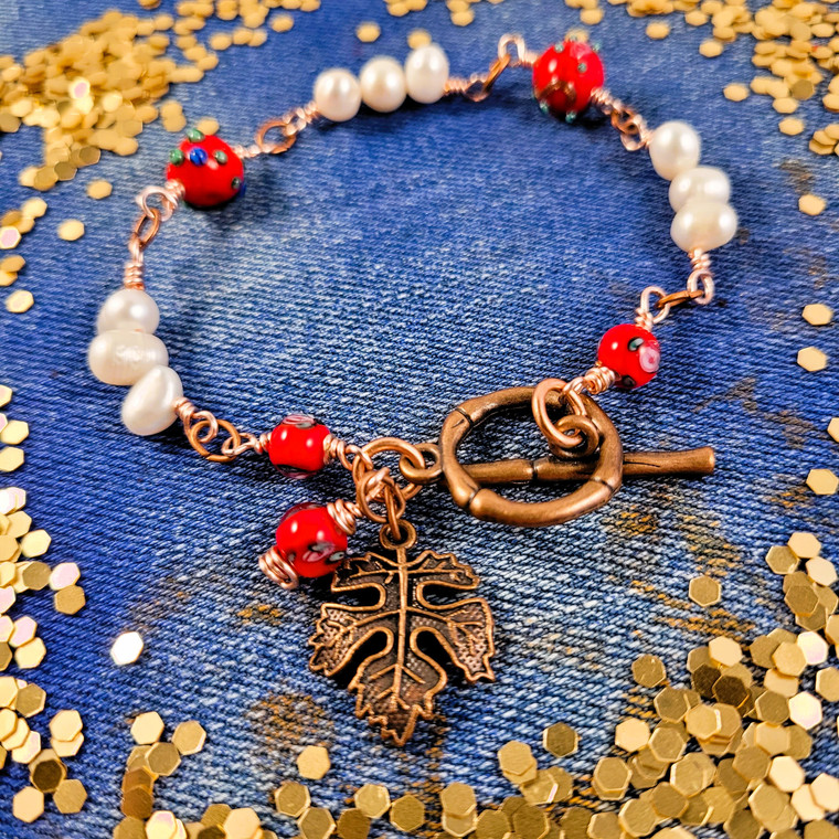 Crimson Harvest Genuine Pearl and Lampwork Glass Bracelet