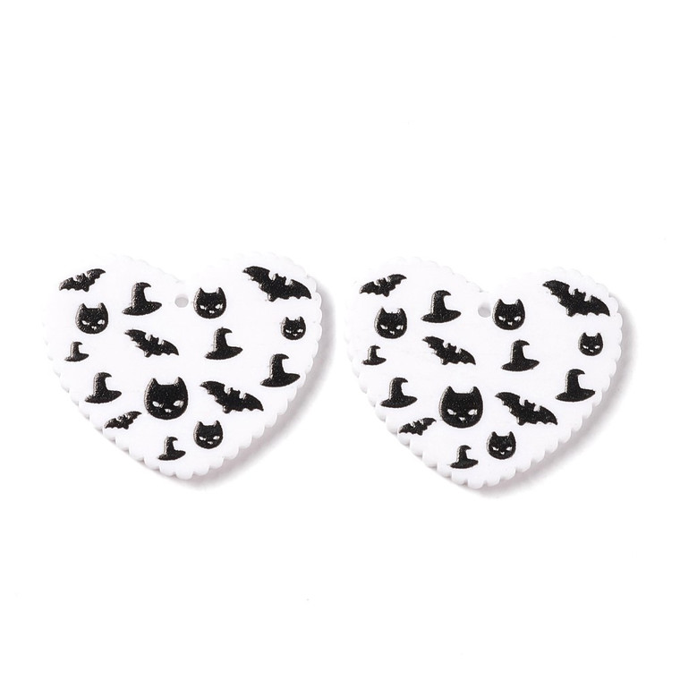 Drilled Black & White Acrylic Bats, Cats, & Hats Heart Charms -sold individually