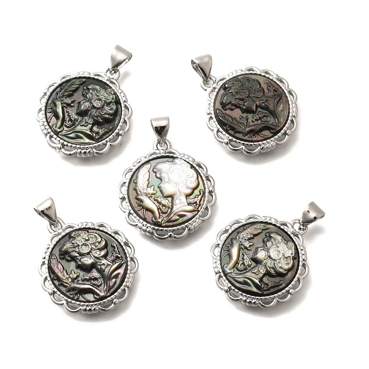 Flat Round Carved Shell Pendants – Brass with Natural Shell, Platinum or Gold Finish, Sold Individually