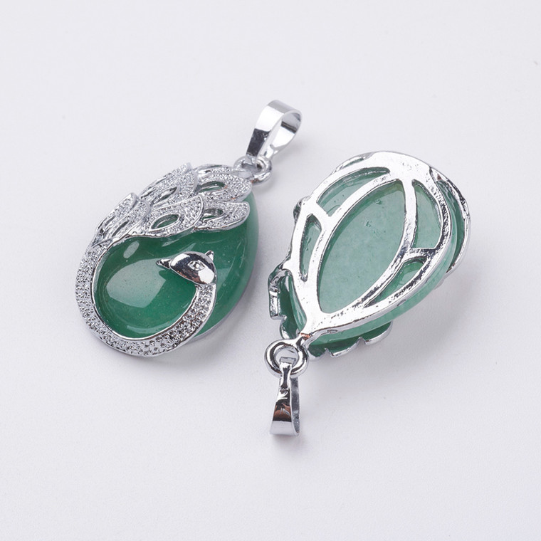 Natural Green Aventurine Teardrop Pendant with Peacock