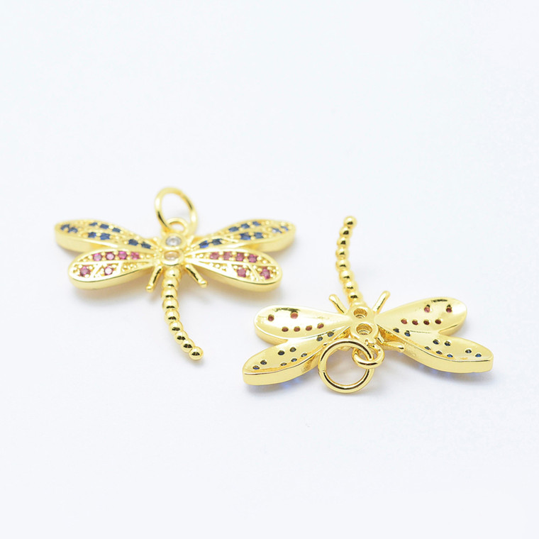 Golden Colorful Cubic Zirconia Dragonfly Pendant
