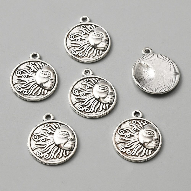 Tibetan Style Sun Charm Pendants – Antique Silver, Sold by the Pair