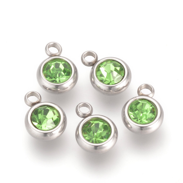 Peridot Rhinestone Charm Pendants – Stainless Steel, Flat Round, Pack of 10