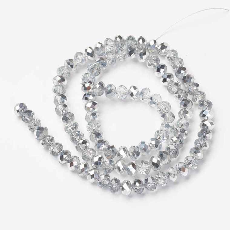 8mm Transparent Glass Bead Strand – Half Silver Plated, Faceted Rondelle, Sold by the Strand