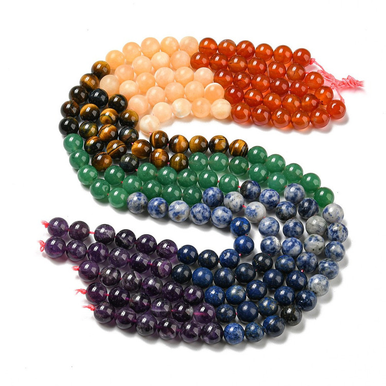 8mm Chakra Mixed Gemstone Bead Strand – 7 Natural Stones, 8mm Round, Sold by the Strand