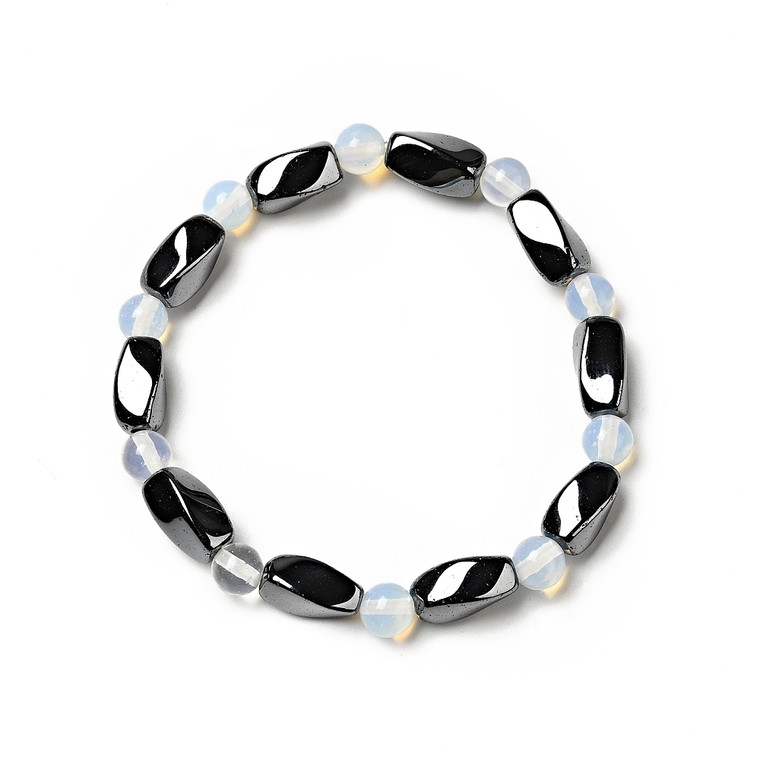 Opalite Stretch Bracelets with Hematite – Round Beads, Sold Individually