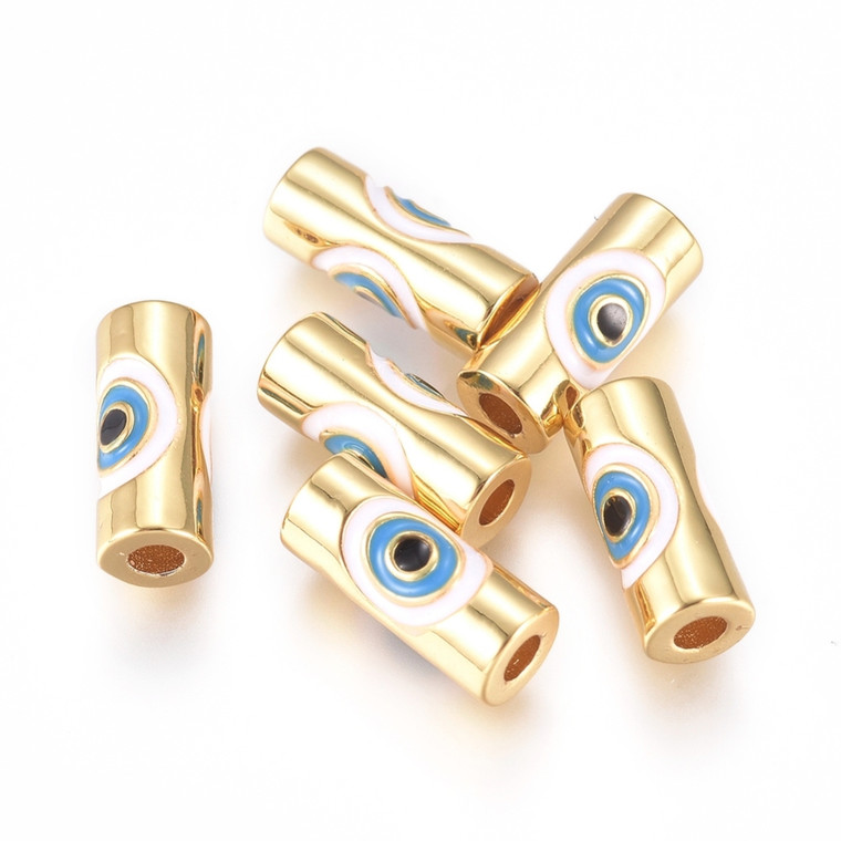 Enamel Beads – Brass Column with Evil Eye, Golden and Colorful, Pack of 10