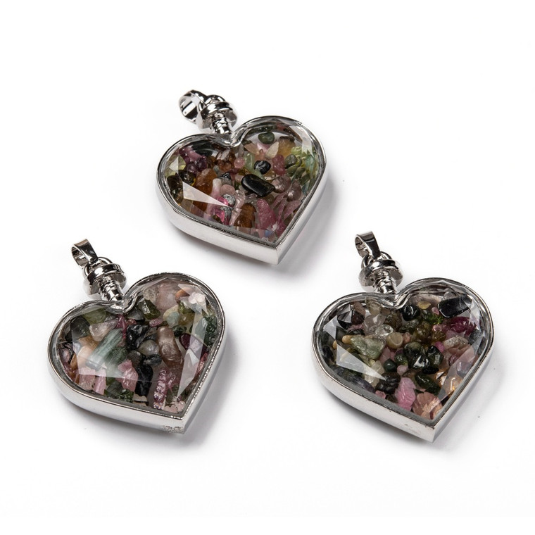 Tourmaline Chip Glass Bottle Heart Pendant – Platinum Plated, Sold Individually