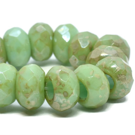 Czech Glass Large Hole Roller Beads – Mantis Green with Picasso Finish, 6x9mm, Sold by the Strand