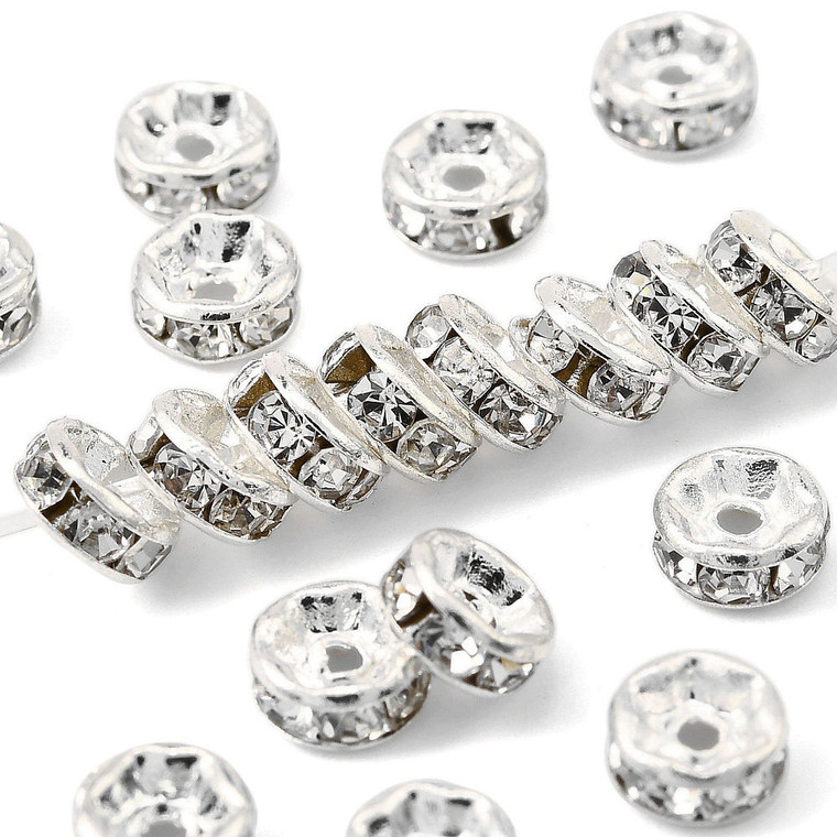 Crystal Rhinestone Spacer Rondelle Beads – Silver Plated Brass, 5mm, Sold in 50 Piece Packs