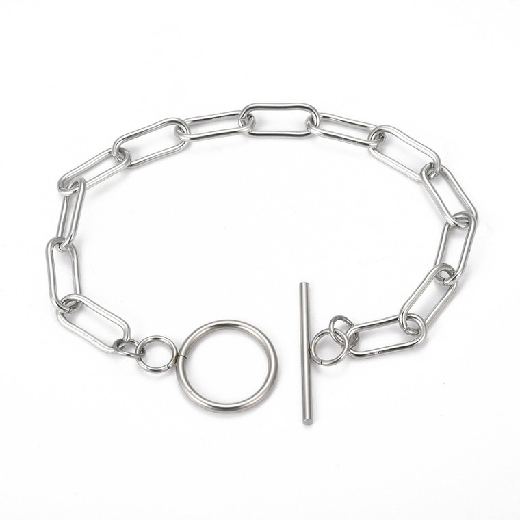 304 Stainless Steel Paperclip Chain Bracelet with Toggle Clasp-Tarnish Resistant, Sold Individually